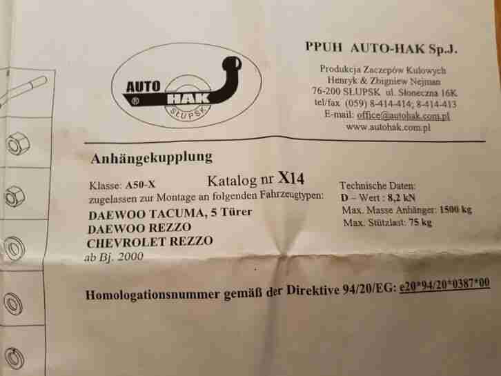 (DAEWO REZZO KLAU ROK) EINBAUANLEITUNG für AHK