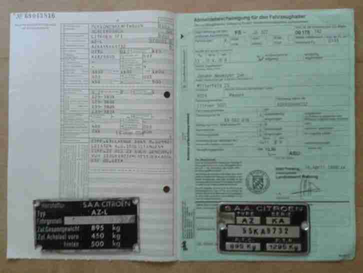 Ente Citroen 2CV Brief Typenschild Papiere