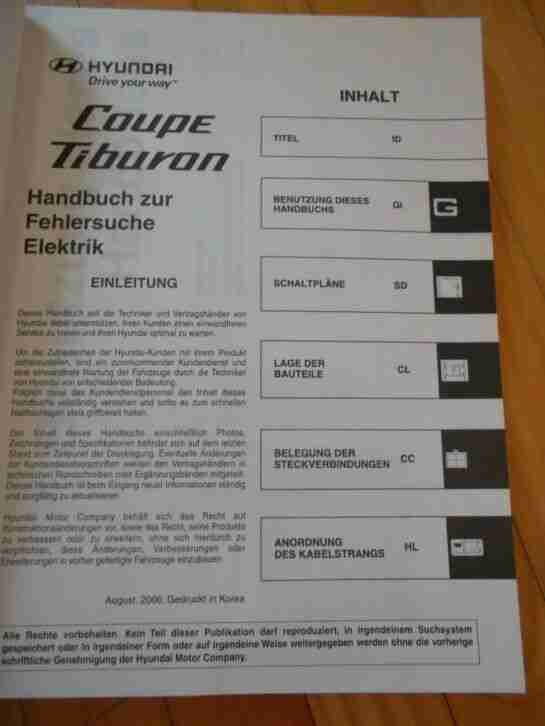 Hyundai Coupe Tiburon Handbuch Betriebsanleitung Schaltpläne Werkstatthandbuch