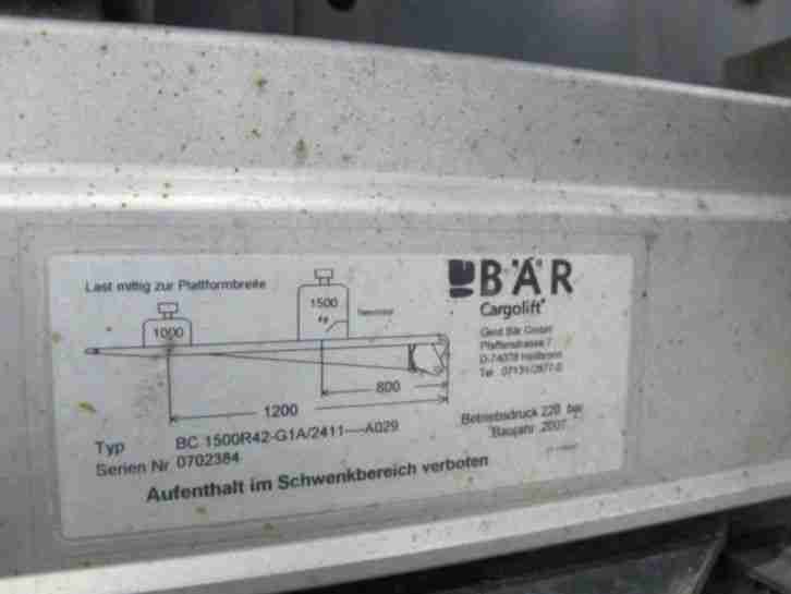 Ladebordwand Bär Cargolift 1500 kg, unterfahrbar, Bj. 2007, mit Zubehör