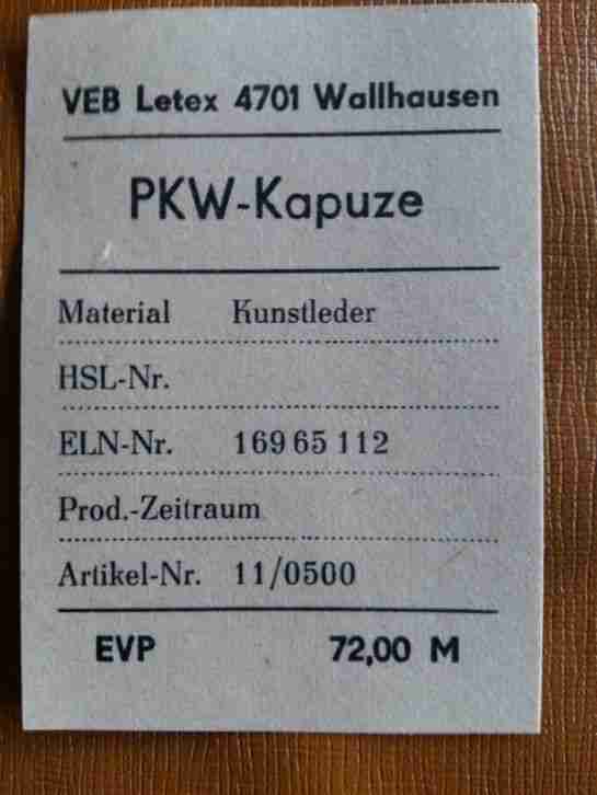 Trabant Dachabdeckung, kapuze für Regen oder Frost, original verpackt! DDR ware!